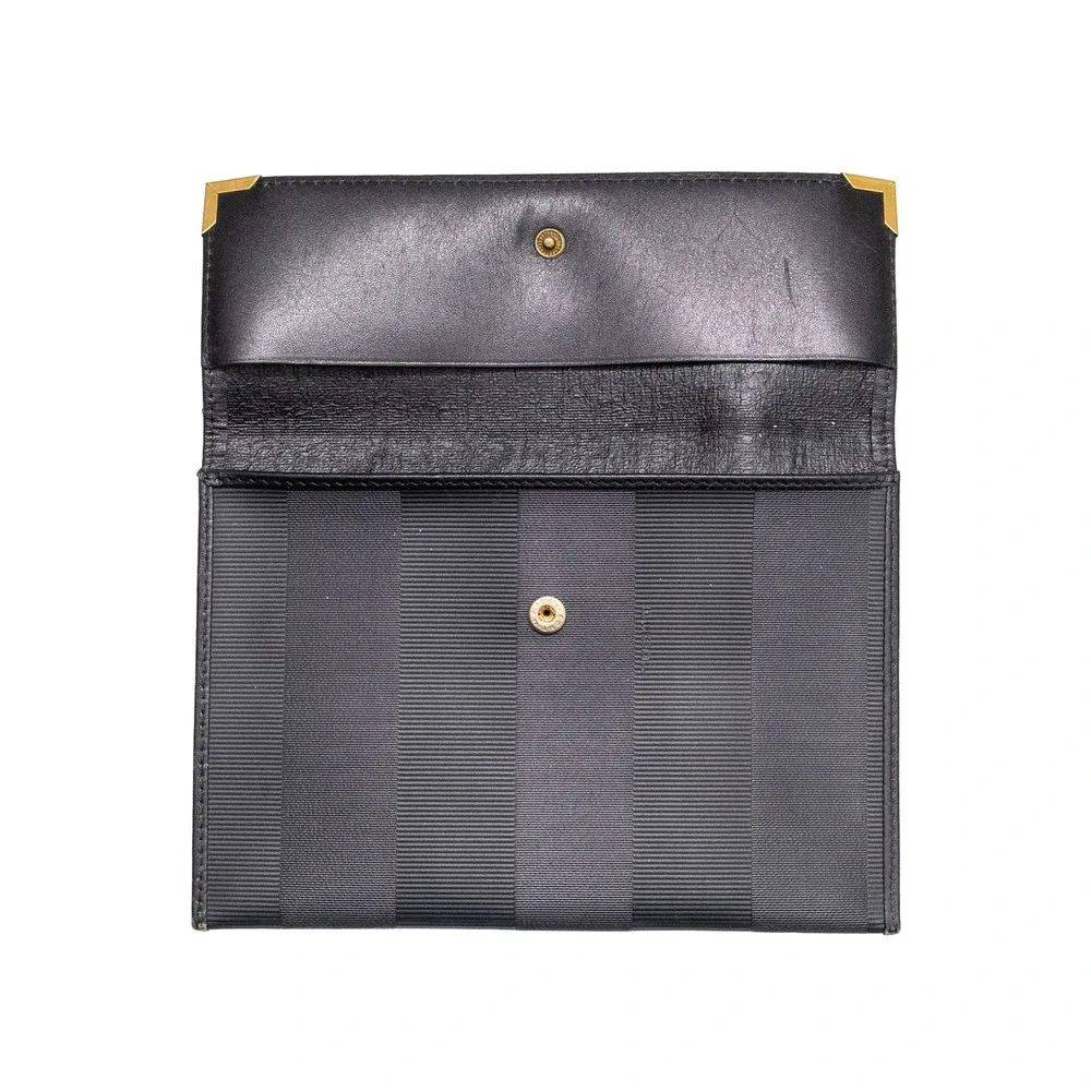 Vintage Fendi SAS Roma Pequin Striped Canvas Clutch Bag Black Leather G-02859